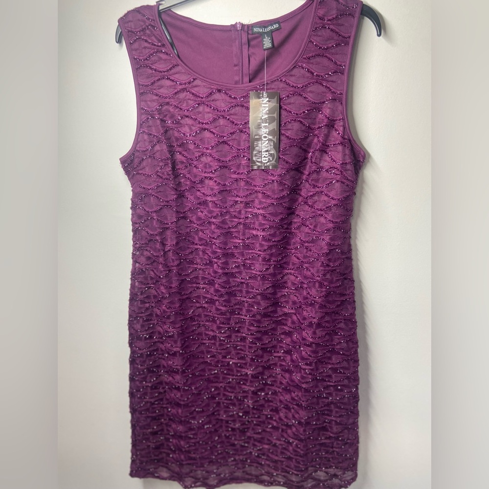Nina Leonard Purple Sheath Mini Dress Scoop Neck Cocktail